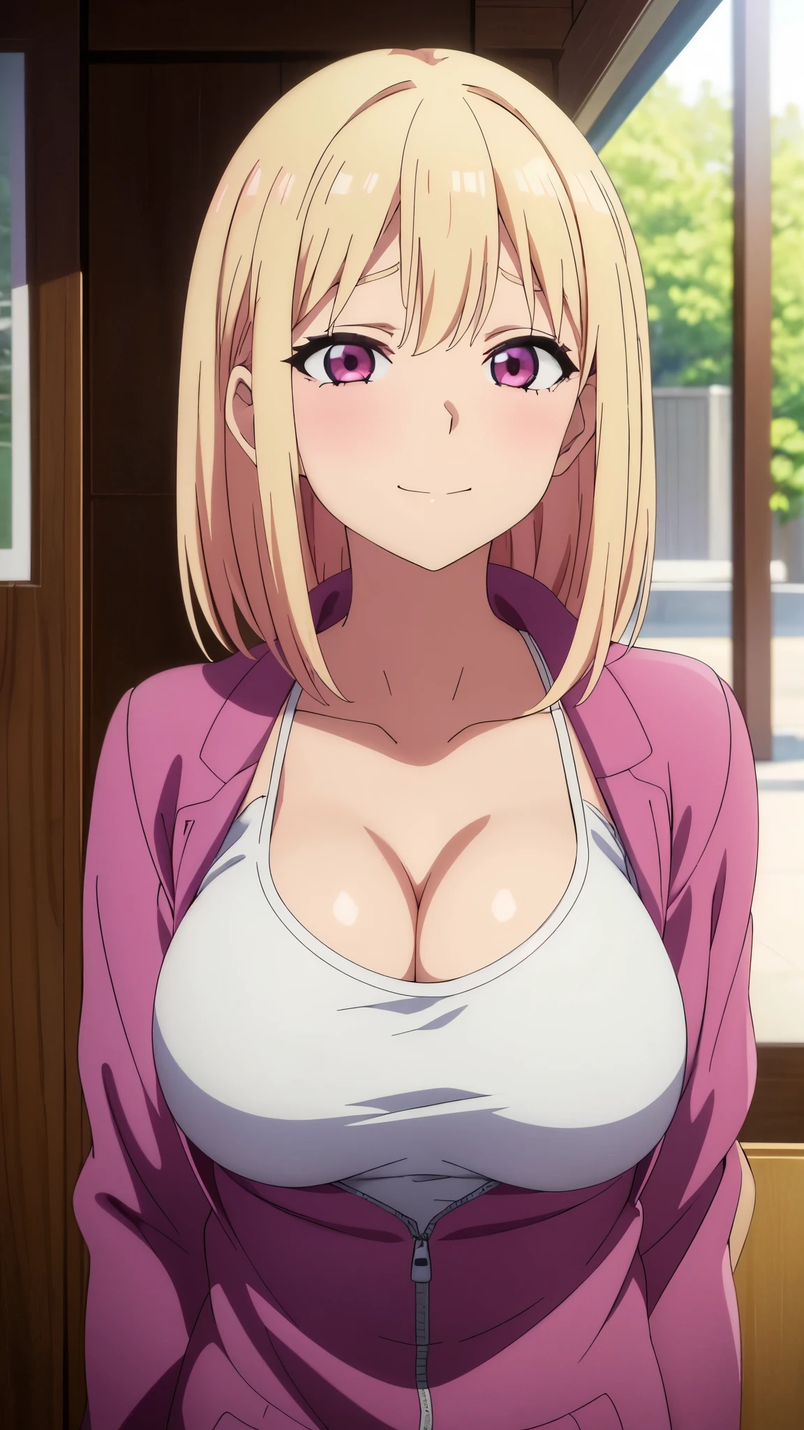 (((masterpiece))),fuyumi itadori, Anime girl characters, 1girl, solo, looking at viewer, medium hair long sleeves, cleavage, bigger breasts, closed mouth, collarbone, jacket, open clothes, open jacket, blue jacket, ground vehicle, sports bra, tall girl, horny, big ass, beautiful face,Charming,  anime visual of a cute girl, screenshot from the anime film, & her expression is solemn, ahegao face, in the anime film, in an anime, anime visual of a young woman, she has a cute expressive face, still from anime, perfect breasts, she is tall, All bodies visible, ahegao face, the face is ahegao, she is horny, A perverted face, she so perverted, she smile so perverted, hd picture, 4k quality, details of the face is so good,bigger breasts, ,change her face and make her face hd and pretty😍, make her face like nakano ichika , she is masturbating