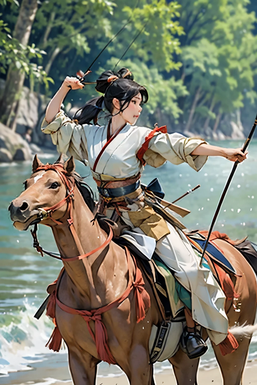 (masterpiece,  best quality:1.2), Yabusame, Beautiful girl, Ride a horse, (From the right:1.2), ( hold a bow in your left hand:1.2), longbow, (Side face of a :1.2), (Kaburaya:1.2), Kyudo Draw, Arms stretched out, Black Well Hand, Deerskin leather , Running Horse, Red Munagi, Sea side,