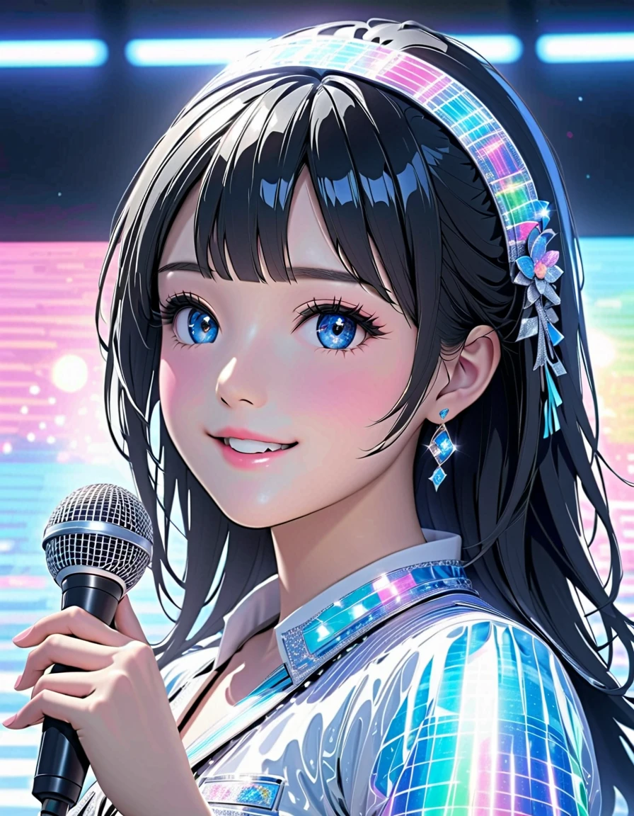 School idol, Photogenic, Highly detailed beautiful face, neat straight bangs arranged horizontally, long black hair, lovely smile, Close-up of a girl, wearing an idol costume, Singing with a microphone in hand. holographic School idol, hologram, highly detailed. (Top quality, high resolution, masterpiece)