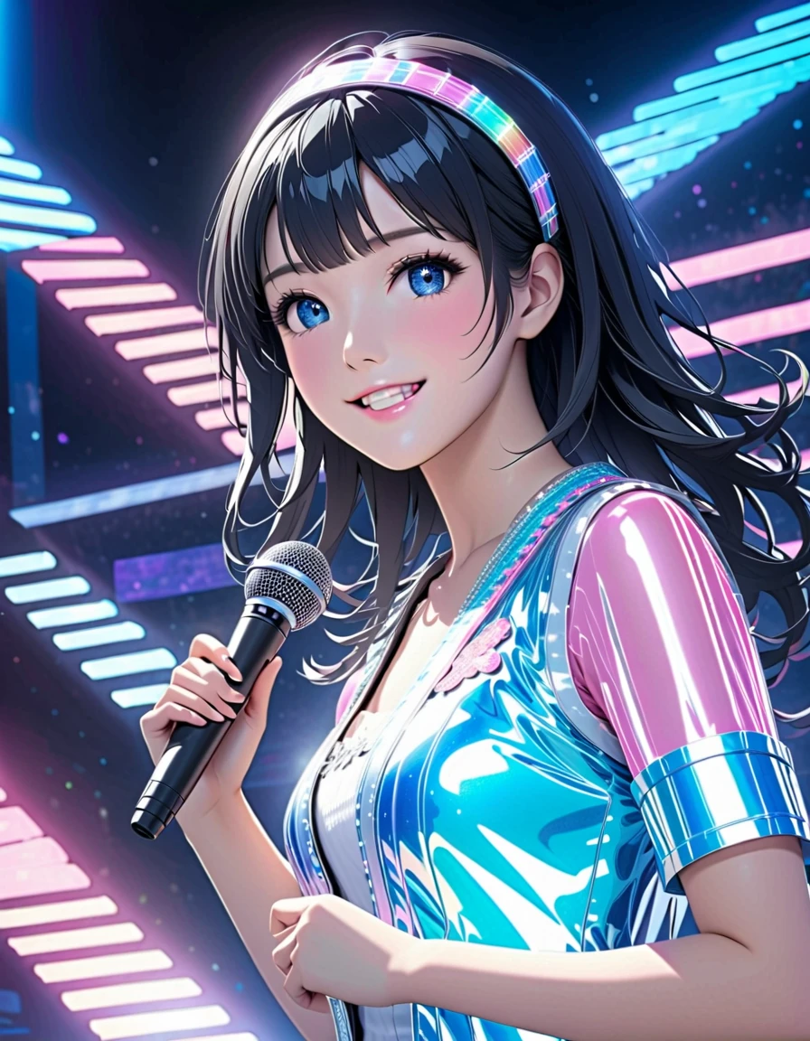 School idol, Photogenic, Highly detailed beautiful face, neat straight bangs arranged horizontally, long black hair, lovely smile, Close-up of a girl, wearing an idol costume, Singing with a microphone in hand. holographic School idol, hologram, highly detailed. (Top quality, high resolution, masterpiece)