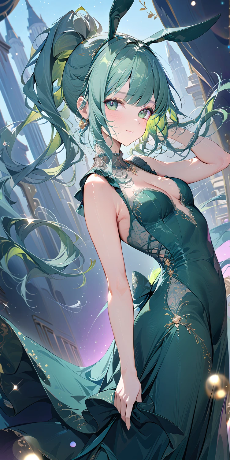 1girl, absurdly long golden wavy hair ponytail, emerald green eyes, rabbit ears, fox tail, small mouth, slender body, lace long dress, ribbons swaying, white background, contrapposto, gentle smile, look at viewer, soft focus, lens flare, masterpiece, best quality, pastel tones, lace details, ultra-detailed texture, perfect composition, high resolution, sharp focus, delicate brushwork, Vector Art, 2D flat, sleek design, AddXL, Dream Scenery.