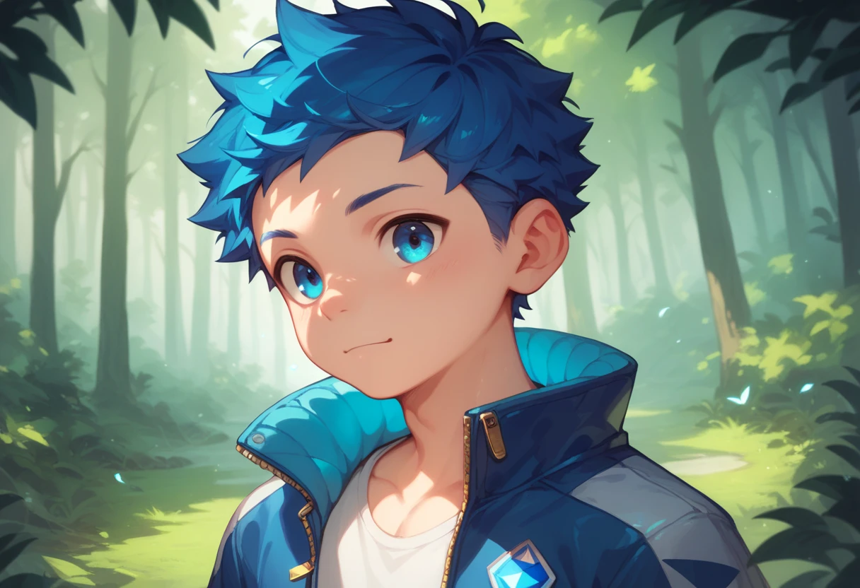 a handsome cute little young boy 3yr,is bringing out the power of water,holding hydro arrow,messy short blue hair and glowing blue eyes,wearing jacket zipper,from front,in forest,fullbody