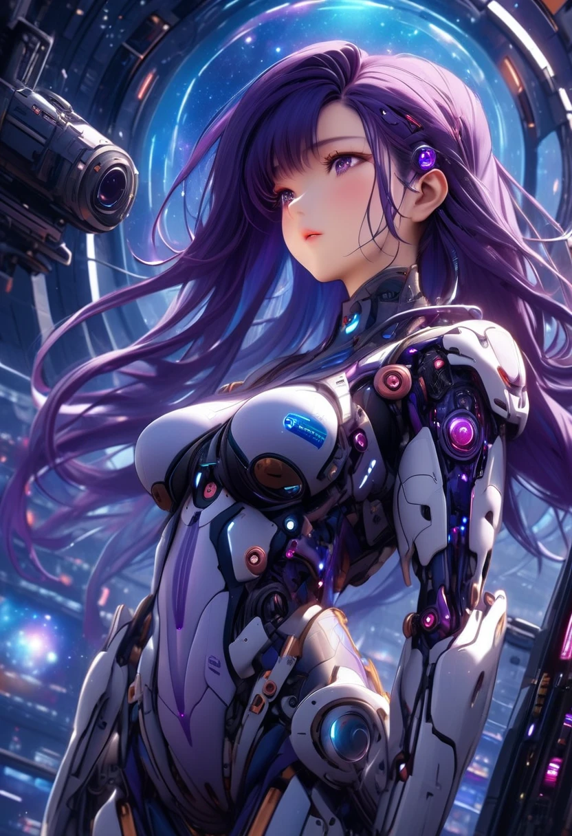 a girl with long hair and purple hair in a space suit with, biomechanical oppai, cyborg goddess in cosmos, oppai cyberpunk, goddess of galaxies