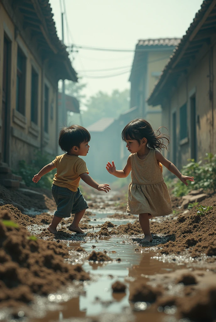 Photographs of barefoot children in a humble environment, possibly playing
