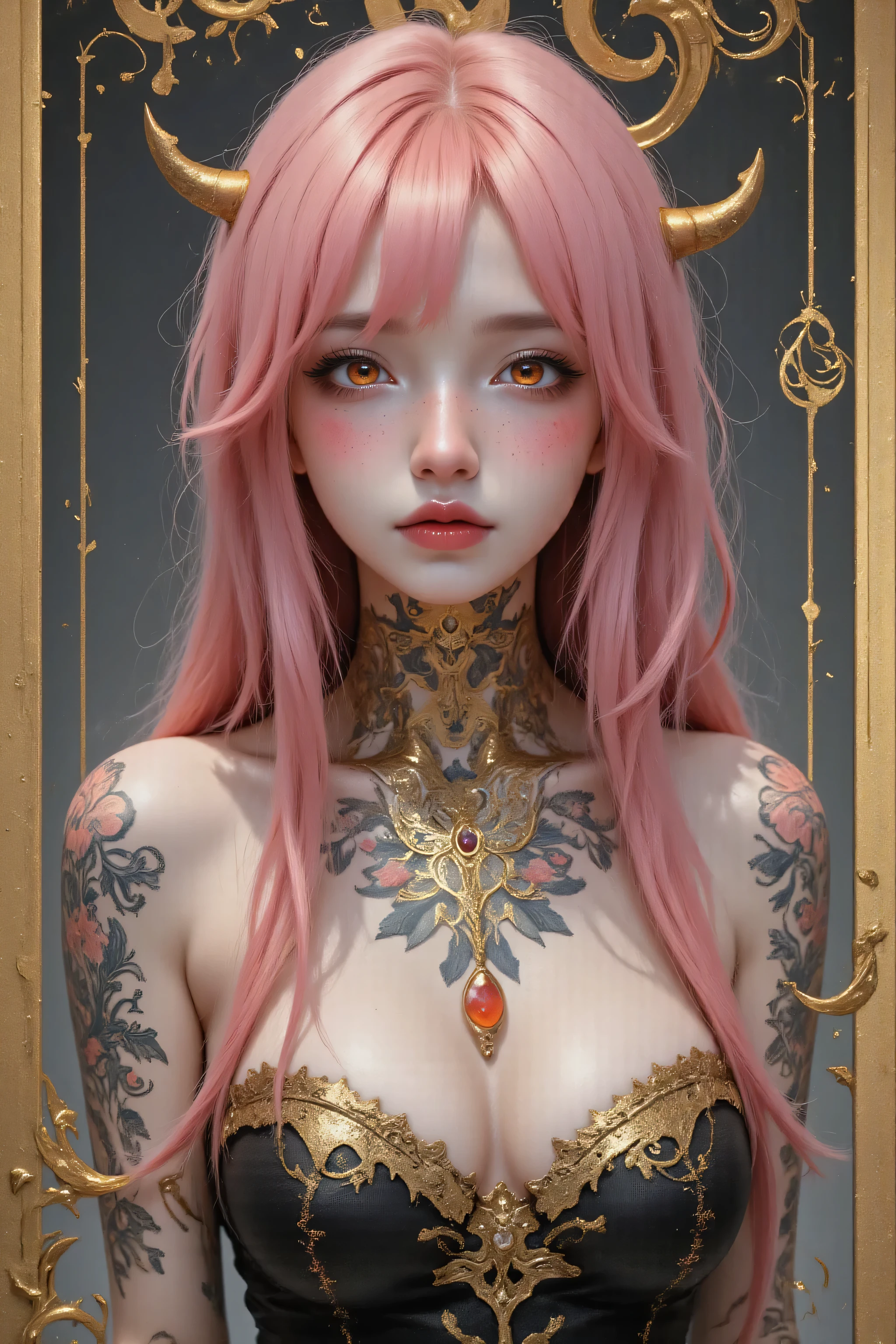 ((best quality, masterpiece, 4k, Best anatomy)), moody lighting, beautiful elf woman, ((crimson red hair)), ((very long hair)), perfect face, innocent smile, sparkling eyes, ((blue gray eyes)), ((naked)), (()), ((slender)), ((flat chest)), ((18 years old)), skindentation, extreme detail, attractive oval face, pink lips, pink nipples, glossy skin, detailed hair, face focus, close-up chest, gold ornamental necklace, earrings, ((1 girl)), blush, embarrassed expression, anime girl