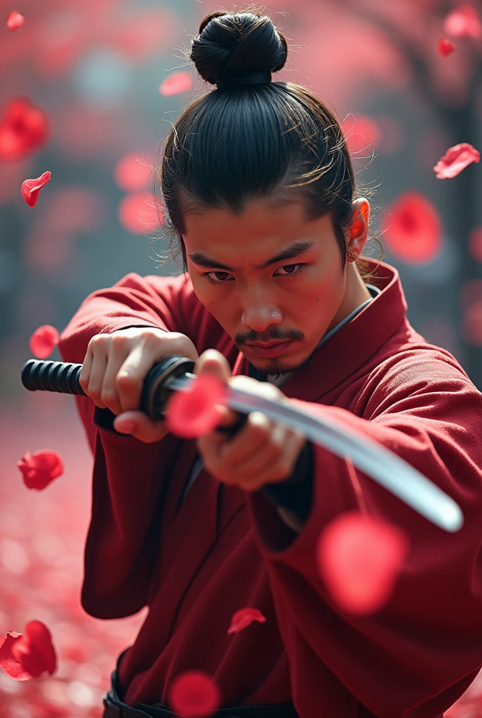 A dynamic scene of a samurai performing a iaido cut, slicing through flower petals, with two petals being cut in half. The background is filled with a rain of flower petals, creating a vibrant and lively atmosphere. The focus is on the swift motion and the beauty of the petals in flight, capturing the essence of martial arts and nature's elegance.
、masterpiece,best quality,ultra detailed,8k portrait,highly detailed,super detailed skin,highly detailed background