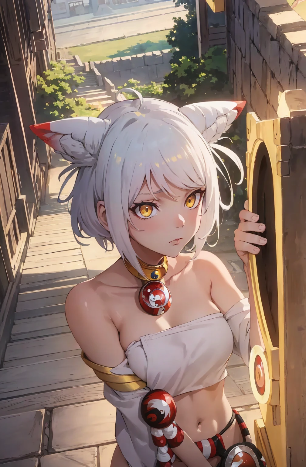 1girl in,  White hair, Yellow eyes,   Portrait, Realistic, Towel, (Onsen), side lights, Wallpaper, NSFW, White hair, Yellow eyes,  (Animal ears|red horns:0.85),Navel,(masutepiece,Best Quality:1.5),fiction art, Raw photo, Best Photo, best photo quality, The 8k quality, 8k ultra, Fair skin, (Bright eyes), Detailed eyes, Beautiful hair, magical light, (masutepiece,Best Quality:1.5), Soft lighting,Gorgeous light and shadows ,Sunny