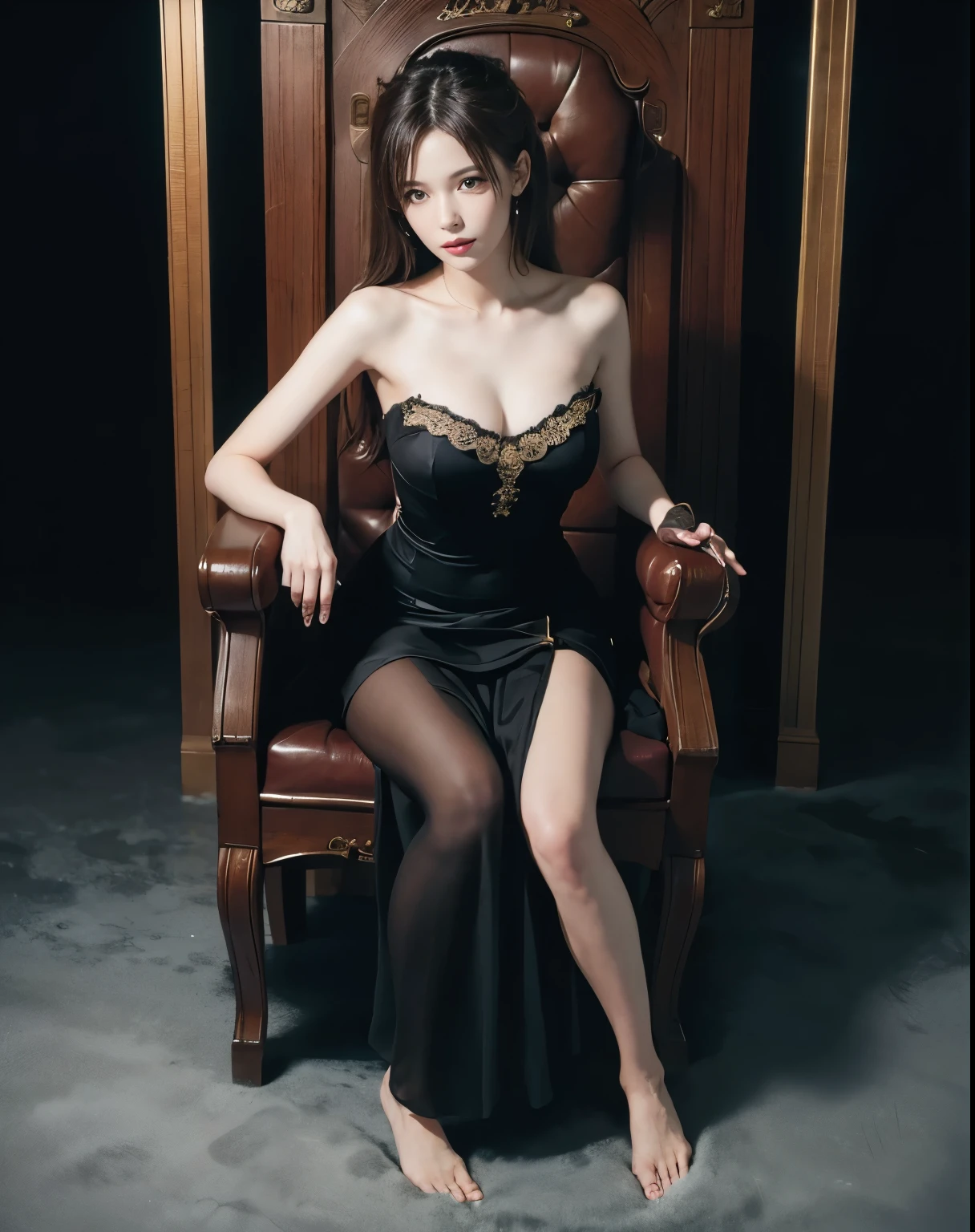 masterpiece, best quality, Realistic, 1 girl, nightの宮殿, Positive, sit on the throne, Voluptuous waist, night, Sheer dress, princess, Drape Skirt , The lower half of the breast is exposed from under the draped dress, noble dress, Beautiful medium hair, Gold Hair, big butt , Realistic美しいlegs, stockings, Protruding nipples, My whole body is sticky with body oil, A well-trained body, abs, Professional Lighting, pubic skin, Full body photo including toes