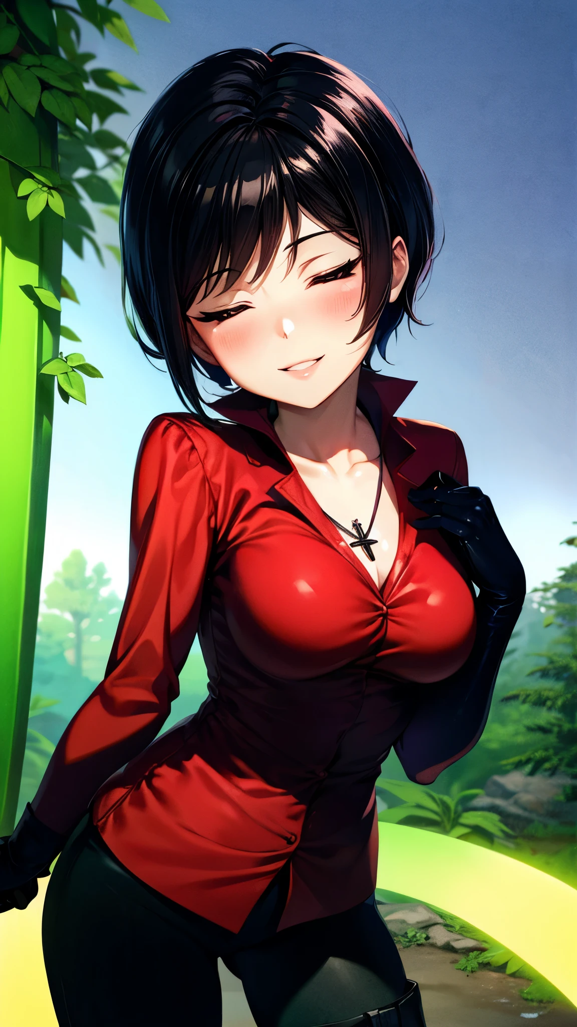 （ super quality, ultra high resolution with forest background,16k,super masterpiece,Ultra HD ,Detailed shading and background,）Photographing the upper body,Short, straight, black hair ,（A red shirt suit that has been unbuttoned, spread wide, and stood straight,Folded sleeves, black long gloves,Tight black pants, black long boots ,） cross necklace, provocative smile ,Thick lips,Neon city at night,