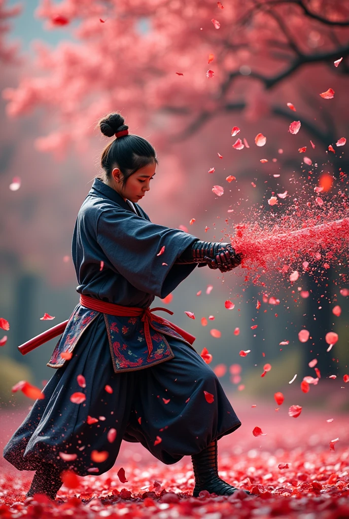 A dynamic scene of a samurai performing a iaijutsu cut, capturing the moment of slicing through flower petals. The petals are dramatically split in two, with a rain of petals falling in the background, creating a vibrant and lively atmosphere. The samurai is in a traditional outfit, showcasing skill and precision, with a focus on motion and elegance. The colors are vivid, emphasizing the beauty of the petals and the fluidity of the action.