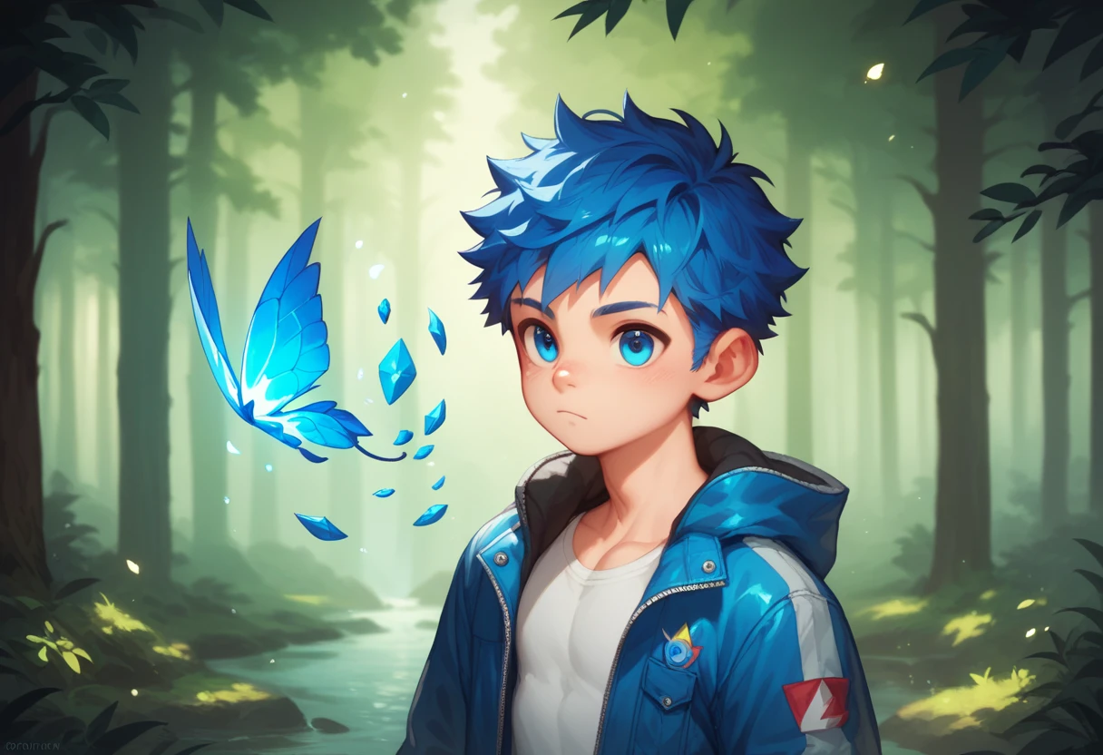 a handsome cute  young boy 3yr,is bringing out the power of water,manipulation water,holding hydro arrow,messy short blue hair and glowing blue eyes,wearing jacket zipper,from front,in forest,fullbody,dynamic move character