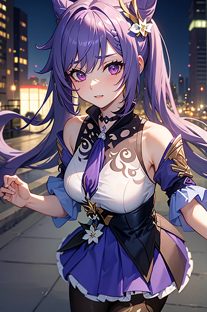 1girl, raiden mei, <lora:Char_Honkai_Raiden_Mei_adult:0.9>, single glove, earrings, dress, choker, tank top, cowboy shot, pantyhose, parted lips, garden, tree, outdoors, bokeh, depth of field