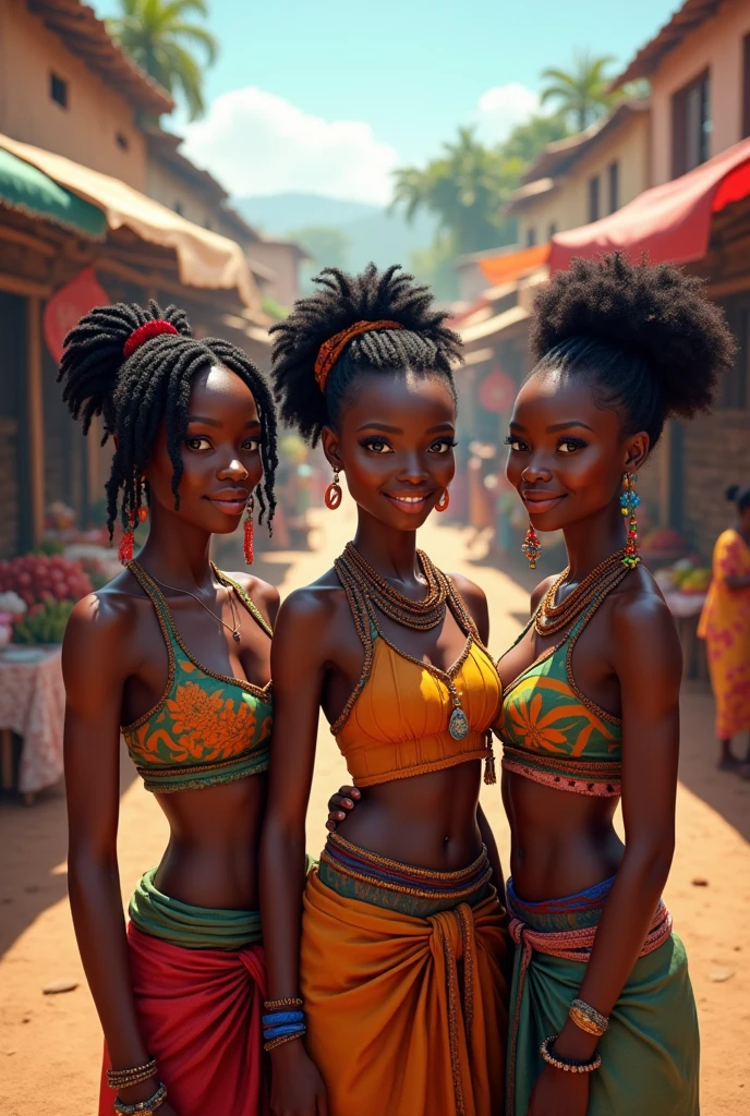 Generate an image of two dark black girls with Afro hair in their local wear in an African setting surrounded by people