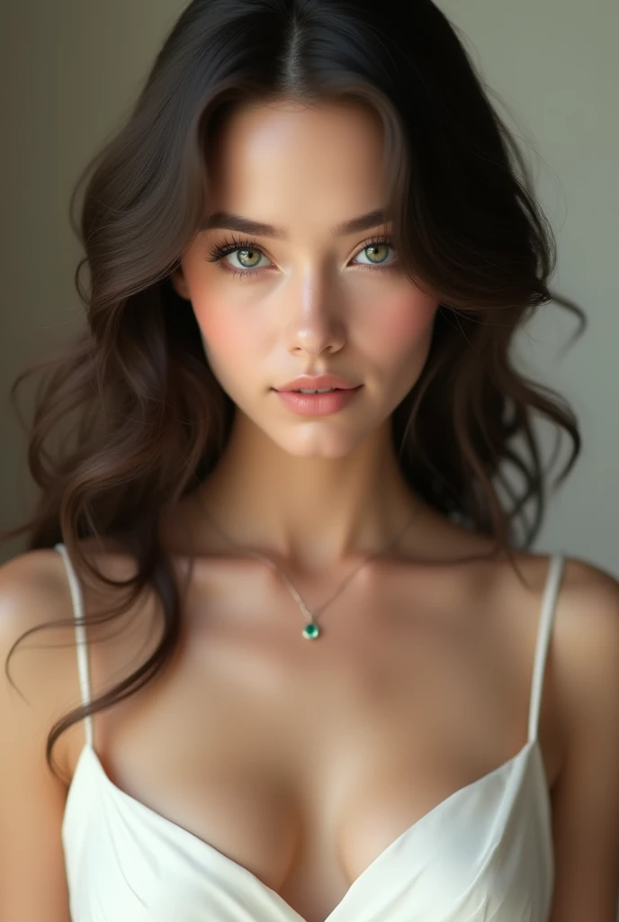 young woman, height 175 centimeters, with long, thick black hair, which cascade down her shoulders and back, ending with soft waves. her green eyes, bright and deep, resemble emeralds and attract the eye with their magical appeal. She has light, velvety skin, with a slight natural blush on the cheekbones, which gives her a fresh and healthy look.Her eyebrows are neatly defined, which emphasizes the expressiveness of the eyes. The nose is straight and graceful, Lips full, with a natural pink tint, often curved into a benevolent and mysterious smile. She has a slim figure, with long ногами и изящными руками. Her movements are smooth and graceful, that reminds one of a dancer or ballerina.She prefers an elegant style of clothing, which emphasizes her sophistication and sense of taste. In her wardrobe you can find dresses made from natural fabrics, such as silk and cotton, in pastel and neutral colors, which are in harmony with her appearance. Accessories are minimalist, but carefully selected, highlighting her natural beauty.Her voice is soft and melodious, often sounding with notes of goodwill and confidence. Her laughter is contagious and fills those around her with joy.. She&#39;s smart, insightful and has a deep sense of empathy, what makes her an interesting and pleasant conversationalist.