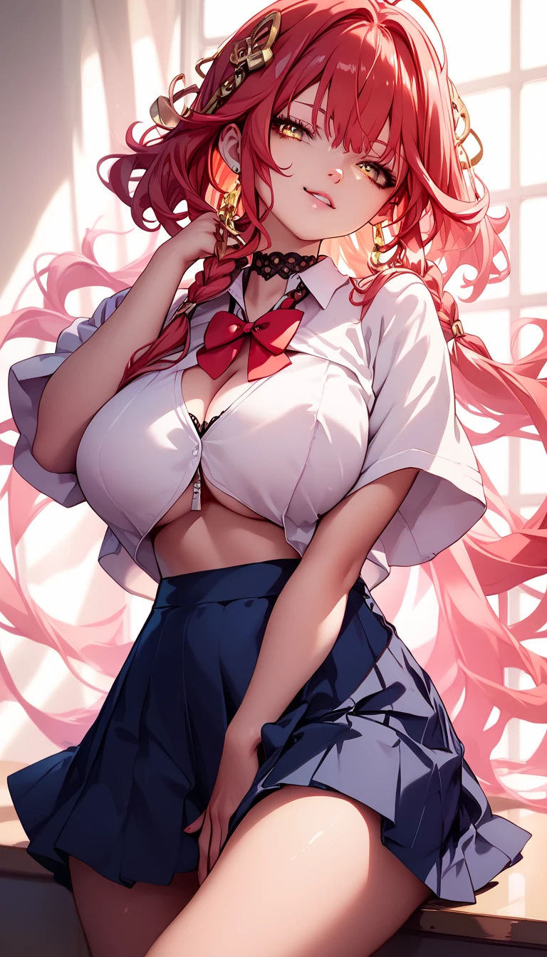 girl, big breasts, lewd expression, long hair, looking at the viewer, yellow eyes, sidelocks, red hair, school girl, skirt, school background