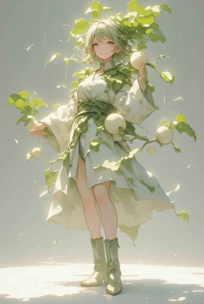  transformation heroine anime 、 A scene where one girl becomes a magical girl with the help of a daikon fairy、 small, fine white petals fall like heavy rain 、 clothes designed with green leaves on white robes 、Light green leather boots 、 anime with a daikon daikon in both hands 、 dynamic posing 、 Confident Smile 、 fighting aphids personified as daikon's natural enemies 