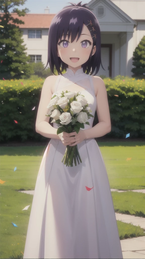 masterpiece, best quality, 1girl, solo, Vignette April Tsukinose, wedding Dress, standing, garden, confetti, holding bouquet, smile, open mouth,