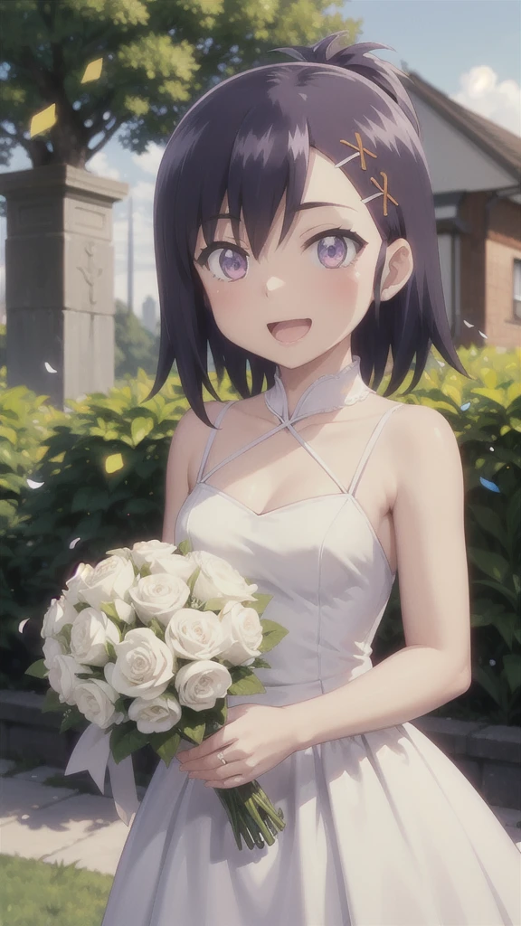 masterpiece, best quality, 1girl, solo, Vignette April Tsukinose, wedding Dress, standing, garden, confetti, holding bouquet, smile, open mouth,