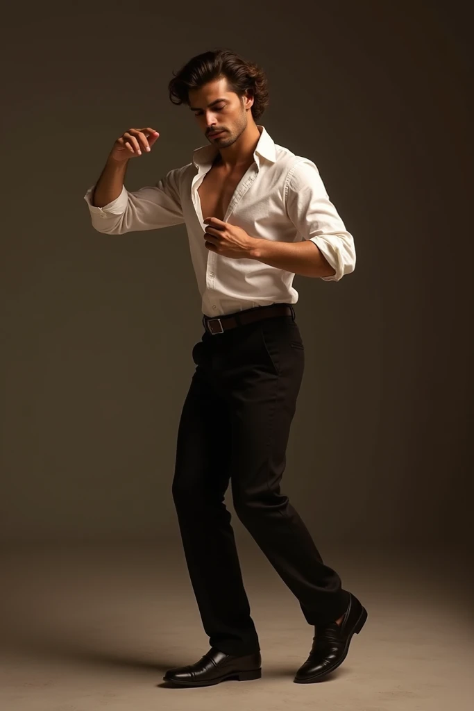 black pants, descalzo.