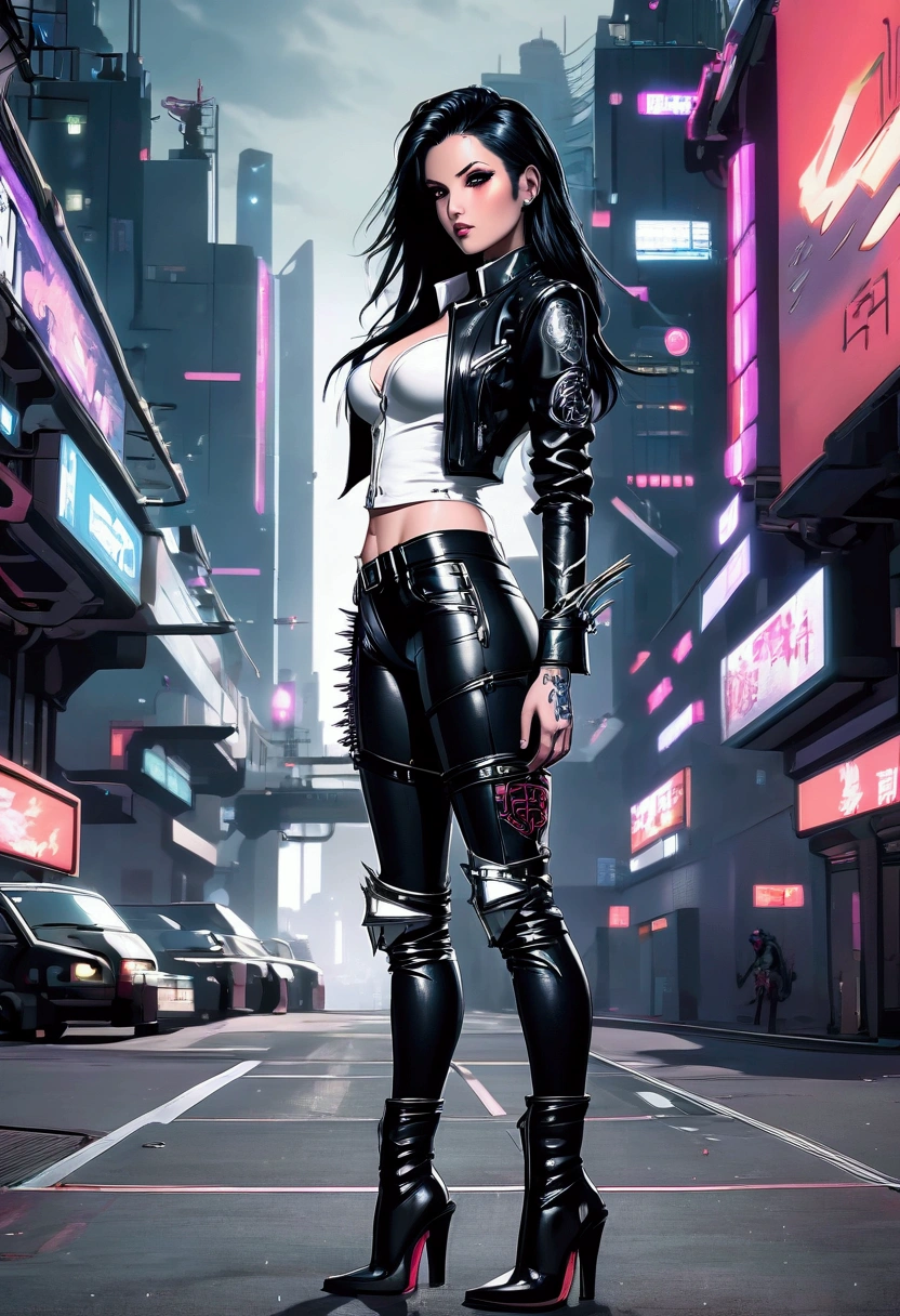 supermodel with a cyberpunk futuristic style. She has long black hair and is wearing a black leather jacket with silver spikes, a white shirt, and black leather pants. She has multiple tattoos over her body. full body picture. The background is a futuristic city. with red thigh high boots with 6 inch heels and silver spikes