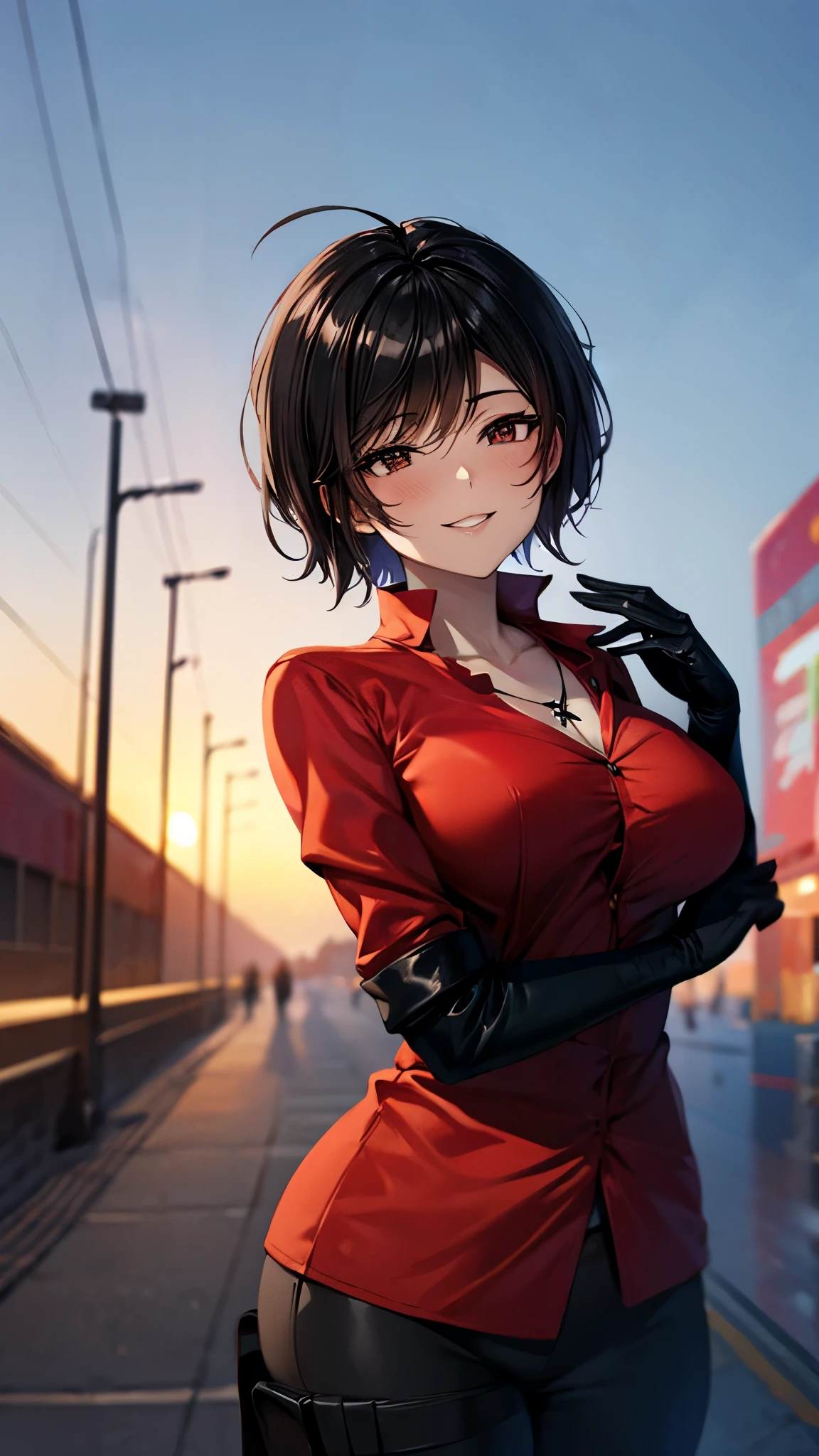 （ super quality, ultra high resolution with forest background,16k,super masterpiece,Ultra HD ,Detailed shading and background,）Photographing the upper body,Short, straight, black hair ,（A red shirt suit that has been unbuttoned, spread wide, and stood straight,Folded sleeves, black long gloves,Tight black pants, black long boots ,） cross necklace, provocative smile ,Thick lips,Neon city at night,