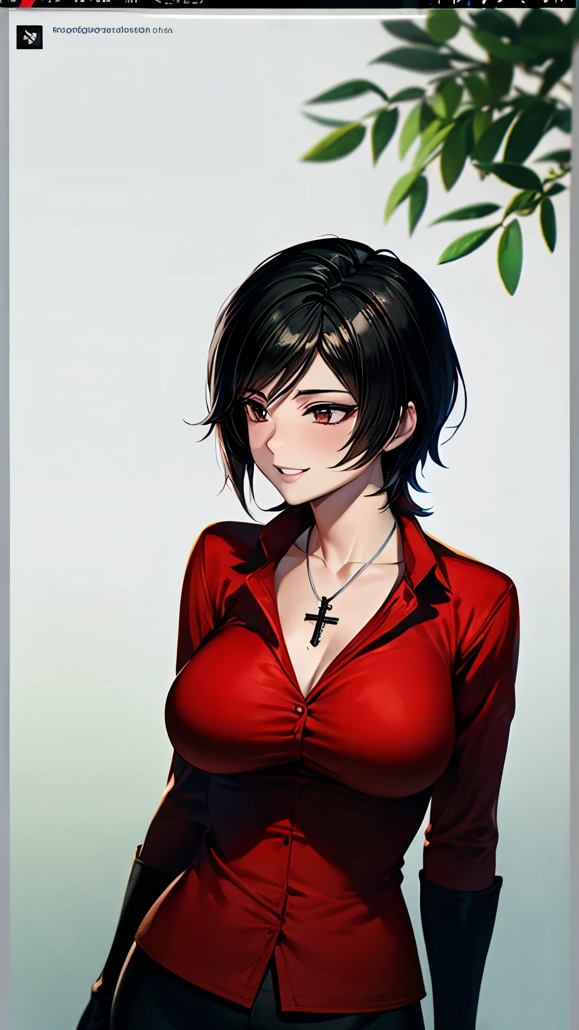 （ super quality, ultra high resolution with forest background,16k,super masterpiece,Ultra HD ,Detailed shading and background,）Photographing the upper body,Short, straight, black hair ,（A red shirt suit that has been unbuttoned, spread wide, and stood straight,Folded sleeves, black long gloves,Tight black pants, black long boots ,） cross necklace, provocative smile ,Thick lips,Neon city at night,