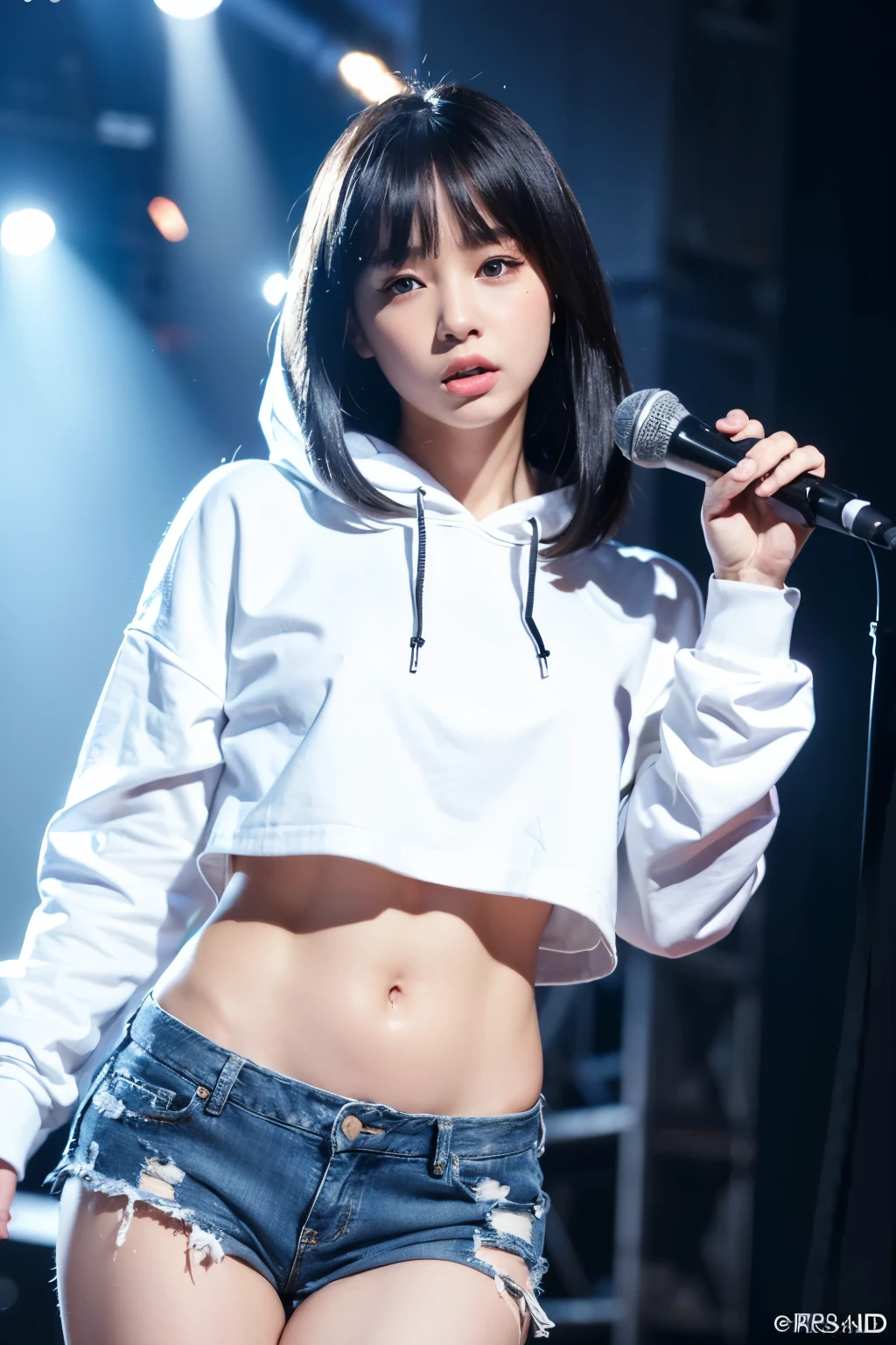 1girl in、(Super beautiful)、(beauitful face:1.5)、A detailed face、kpop star、spreads her legs、(dildo:1.3)、(masturbation:1.3)、(Cool jackets and miniskirts:1.1)、white panties、high-heels、Concert stage、(At SFW:1.5)