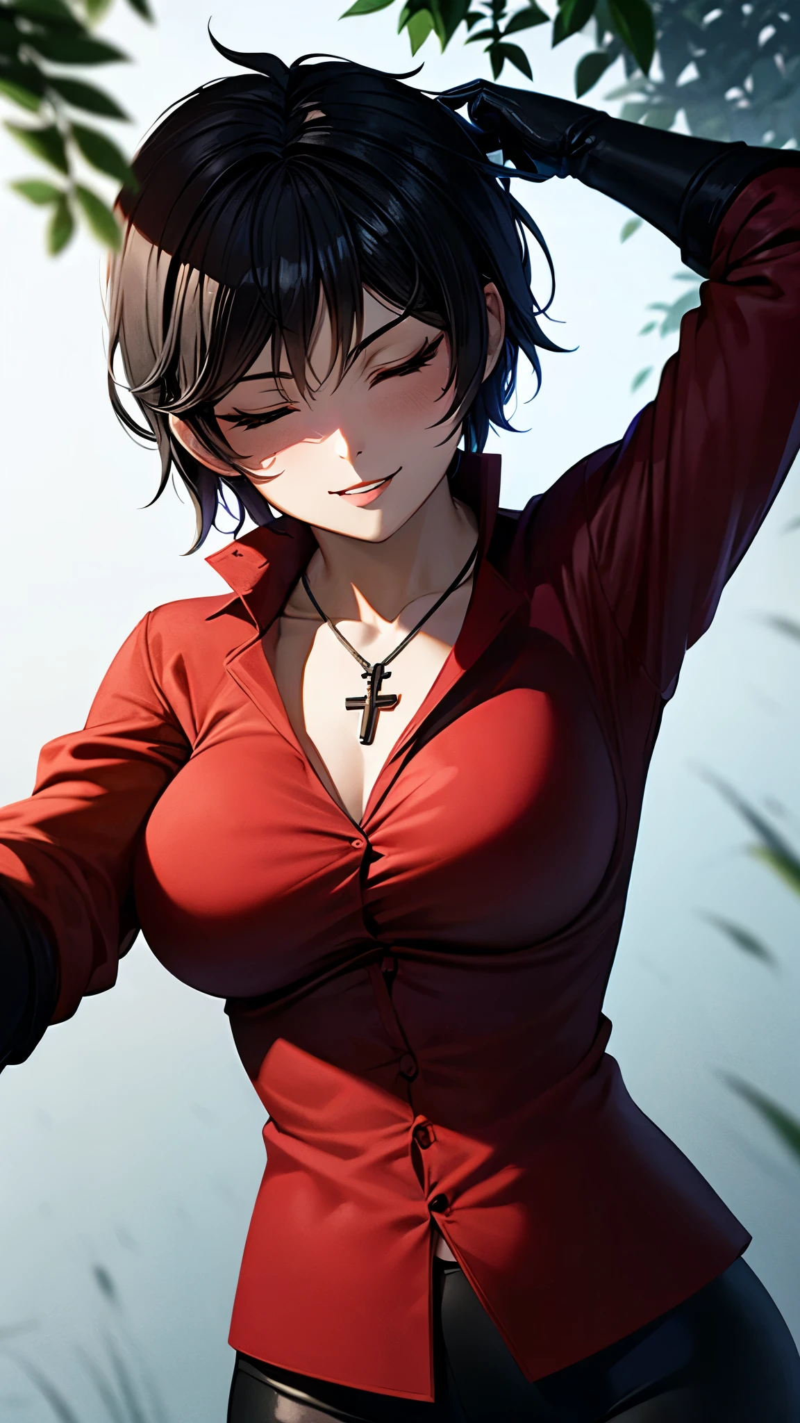 （ super quality, ultra high resolution with forest background,16k,super masterpiece,Ultra HD ,Detailed shading and background,）Photographing the upper body,Short, straight, black hair ,（A red shirt suit that has been unbuttoned, spread wide, and stood straight,Folded sleeves, black long gloves,Tight black pants, black long boots ,） cross necklace, provocative smile ,Thick lips,Neon city at night,