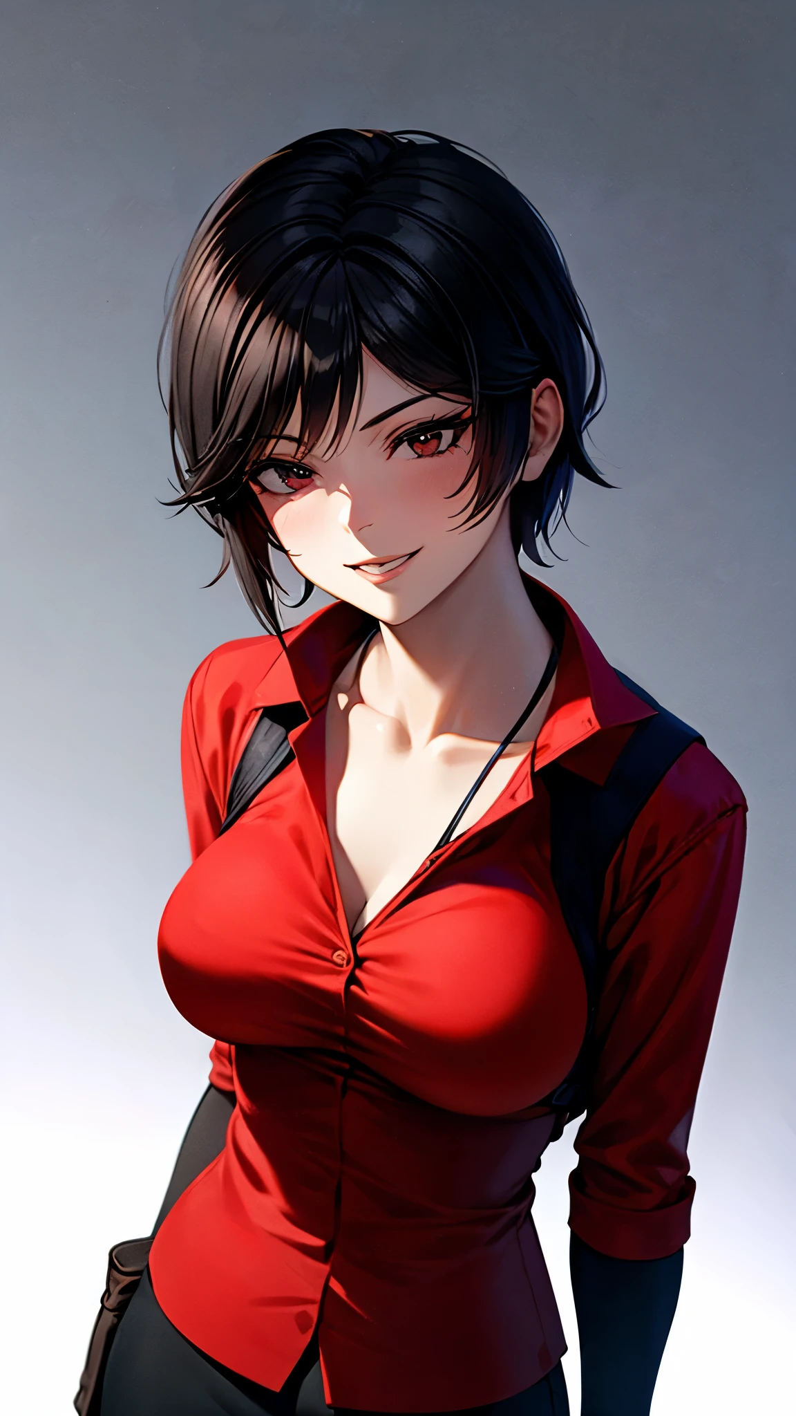 （ super quality, ultra high resolution with forest background,16k,super masterpiece,Ultra HD ,Detailed shading and background,）Photographing the upper body,Short, straight, black hair ,（A red shirt suit that has been unbuttoned, spread wide, and stood straight,Folded sleeves, black long gloves,Tight black pants, black long boots ,） cross necklace, provocative smile ,Thick lips,Neon city at night,