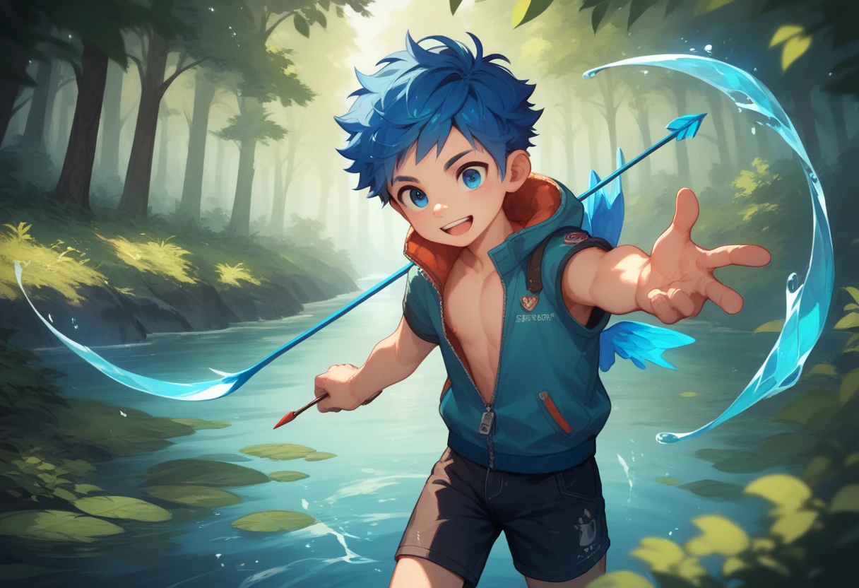 a handsome cute little young boy 3yr,is bringing out the power of water,manipulation water,holding water arrow,messy short blue hair and glowing blue eyes,wearing jacket zipper,from front,flying,in forest,fullbody,dynamic move character