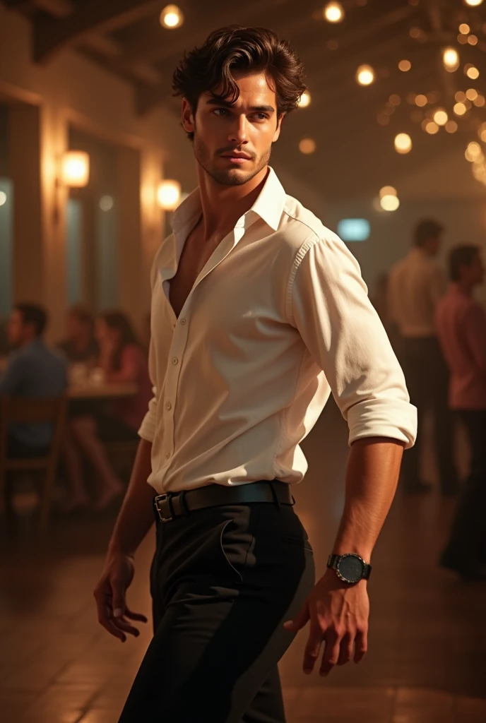 Ryan gosling opens his Shirt off in a front of a group Men. Wearing just a suit without a shirt underneath. He gets attention and is touched by them. He is very ticklish and giggles as they tickle him