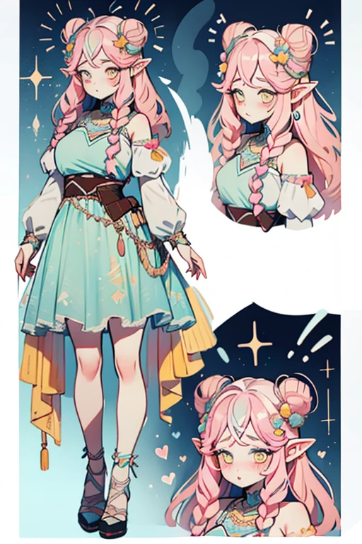  A chubby woman who is a goddess and a young adult. She has long pastel pink hair that is in a pretty braided updo. She is wearing a constellation goddess outfit. Her eyes are golden yellow and she is wearing cute makeup. She has a flower hairpin in her hair and is wearing a heart shaped locket. She has pointy elf ears. She is laying on a bed whilst being fucked. Fullbody character sheet.