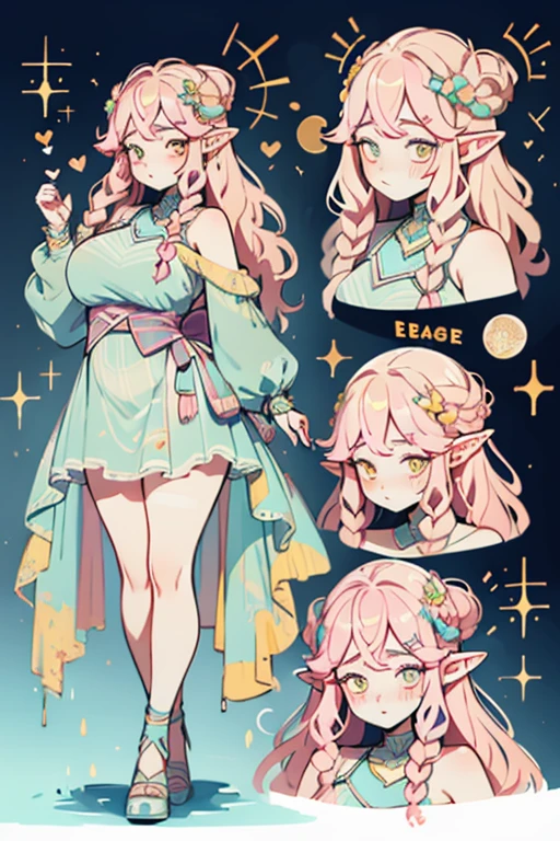  A chubby woman who is a goddess and a young adult. She has long pastel pink hair that is in a pretty braided updo. She is wearing a constellation goddess outfit. Her eyes are golden yellow and she is wearing cute makeup. She has a flower hairpin in her hair and is wearing a heart shaped locket. She has pointy elf ears. She is laying on a bed whilst being fucked. Fullbody character sheet.