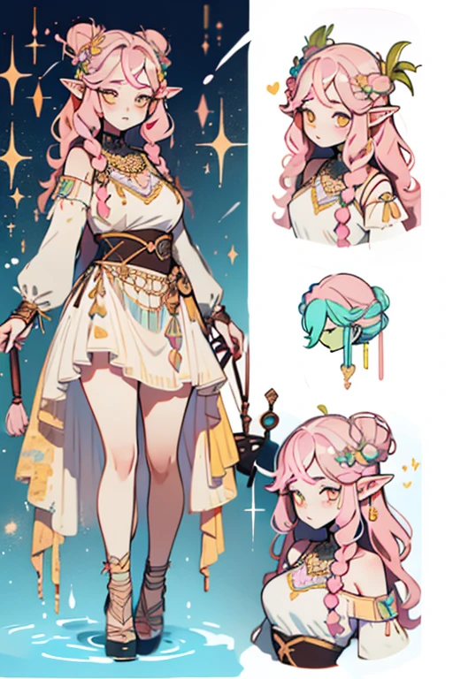  A chubby woman who is a goddess and a young adult. She has long pastel pink hair that is in a pretty braided updo. She is wearing a constellation goddess outfit. Her eyes are golden yellow and she is wearing cute makeup. She has a flower hairpin in her hair and is wearing a heart shaped locket. She has pointy elf ears. She is laying on a bed whilst being fucked. Fullbody character sheet.