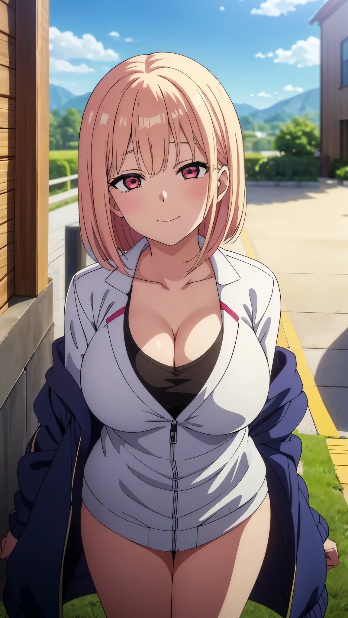 (((masterpiece))),fuyumi itadori, Anime girl characters, 1girl, solo, looking at viewer, medium hair long sleeves, cleavage, bigger breasts, closed mouth, collarbone, jacket, open clothes, open jacket, blue jacket, ground vehicle, sports bra, tall girl, horny, big ass, beautiful face,Charming,  anime visual of a cute girl, screenshot from the anime film, & her expression is solemn, ahegao face, in the anime film, in an anime, anime visual of a young woman, she has a cute expressive face, still from anime, perfect breasts, she is tall, All bodies visible, ahegao face, the face is ahegao, she is horny, A perverted face, she so perverted, she smile so perverted, hd picture, 4k quality, details of the face is so good,bigger breasts, ,change her face and make her face hd and pretty😍, make her face like nakano ichika , she is masturbating