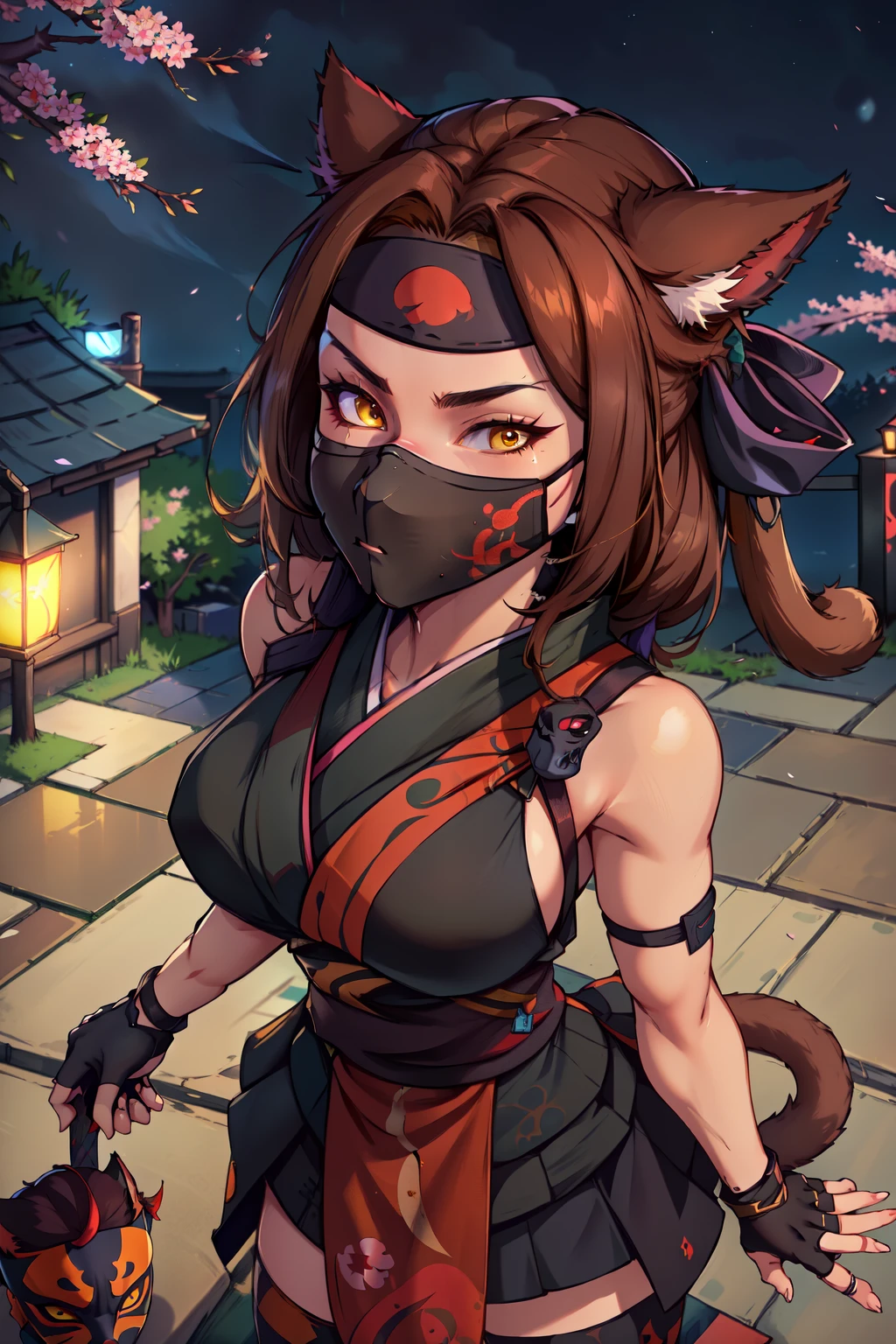 (masterpiece, best quality, absurdres, 4k, aesthetic, detailed, intricate),cinematic angle,from above,night,,cherry blossoms,1girl,FemmeMiq,cat ears,((ninja mask,mouth mask)),ninja outfit,brown hair,fingerless gloves,yellow eyes,facing viewer,headband 