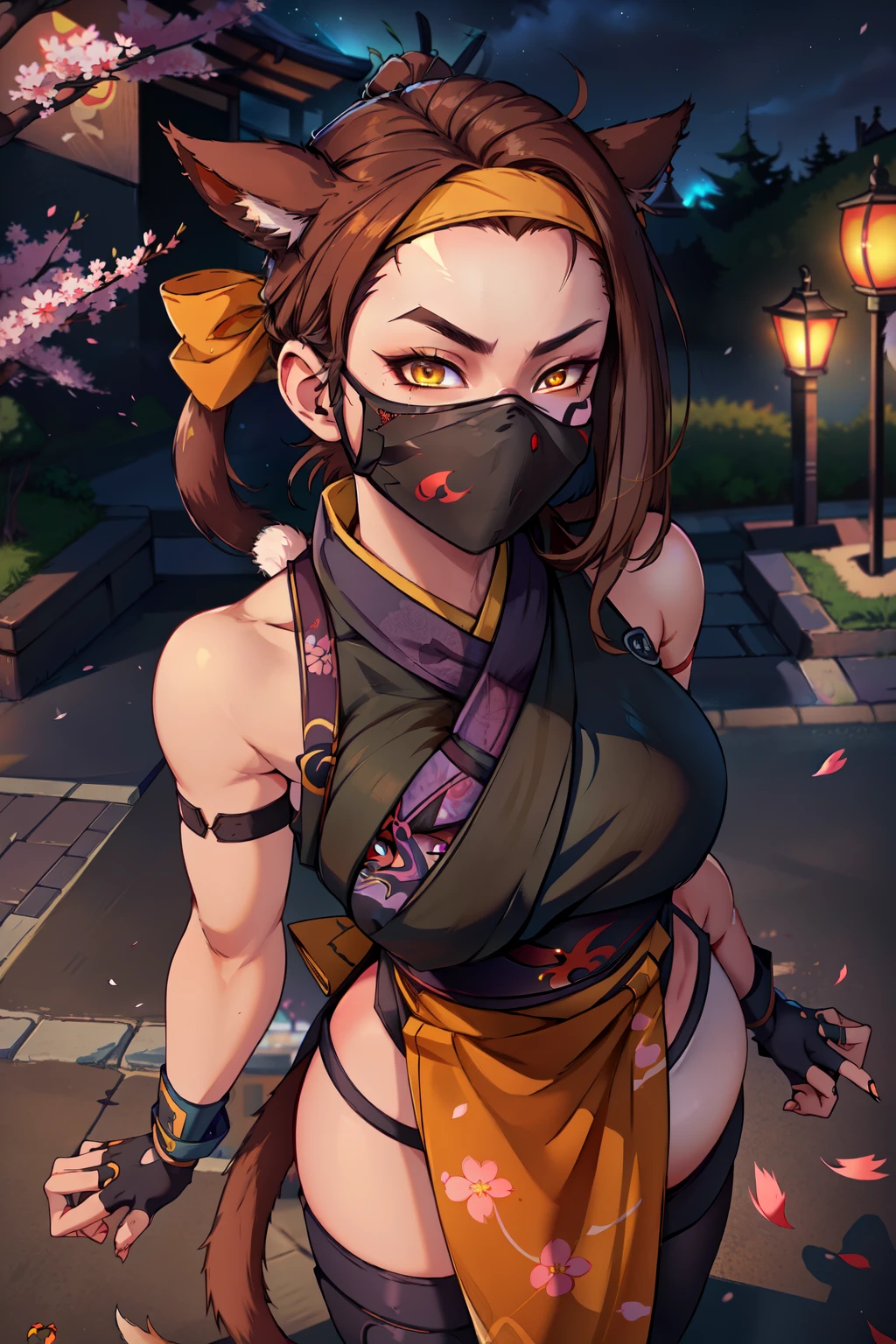 (masterpiece, best quality, absurdres, 4k, aesthetic, detailed, intricate),cinematic angle,from above,night,,cherry blossoms,1girl,FemmeMiq,cat ears,((ninja mask,mouth mask)),ninja outfit,brown hair,fingerless gloves,yellow eyes,facing viewer,headband 