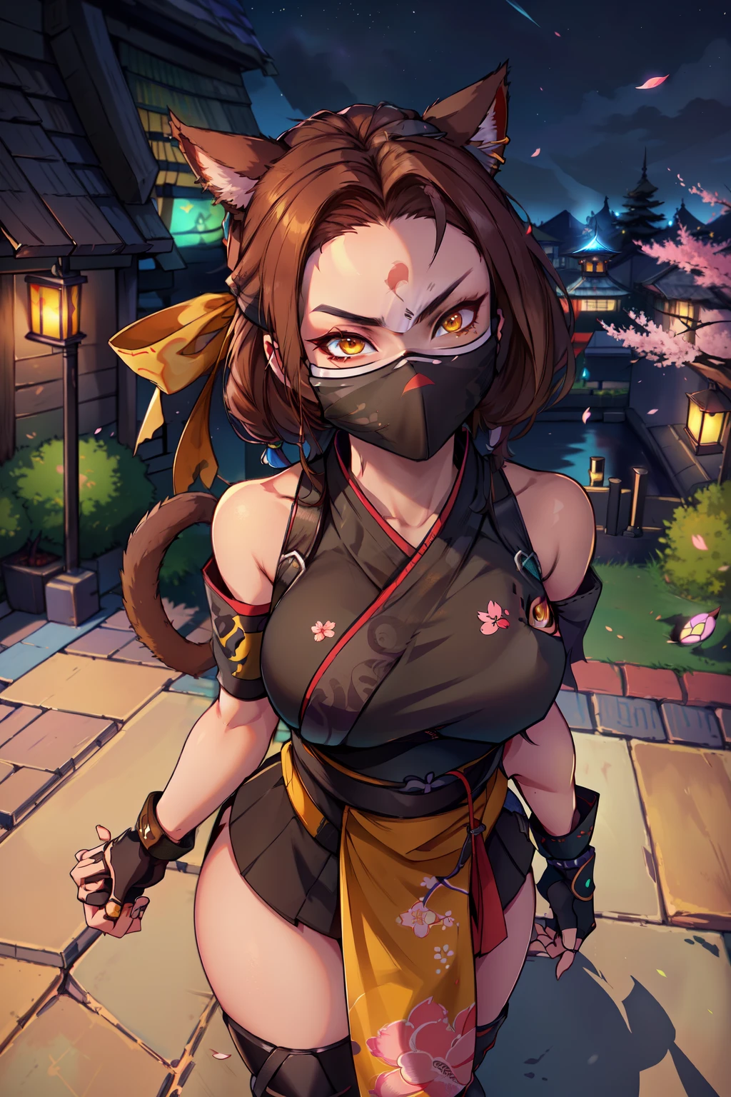 (masterpiece, best quality, absurdres, 4k, aesthetic, detailed, intricate),cinematic angle,from above,night,,cherry blossoms,1girl,FemmeMiq,cat ears,((ninja mask,mouth mask)),ninja outfit,brown hair,fingerless gloves,yellow eyes,facing viewer,headband 