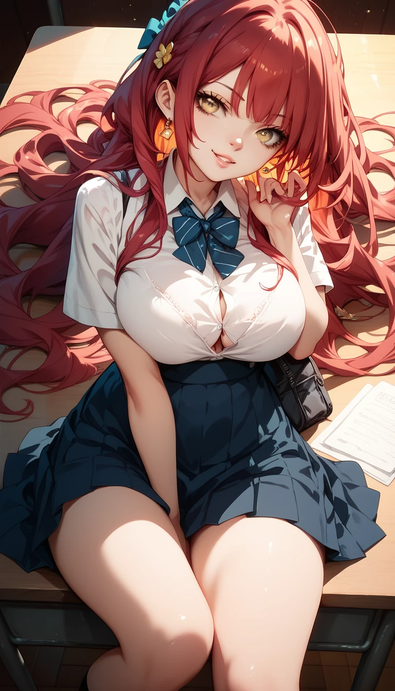 girl, big breasts, lewd expression, long hair, looking at the viewer, yellow eyes, sidelocks, red hair, school girl, skirt, school background