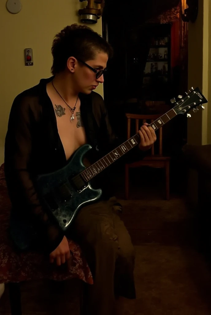 A nerdy boy with glasses and thin, beardless black hair, he is in his room, naked, he is holding a guitar, hyper-realistic, 8k, high quality, intricate details, cinematic composition, glowing skin, dramatic atmosphere, moody lighting , photorealistic, sexy pose, erotic, intimate and moody atmosphere