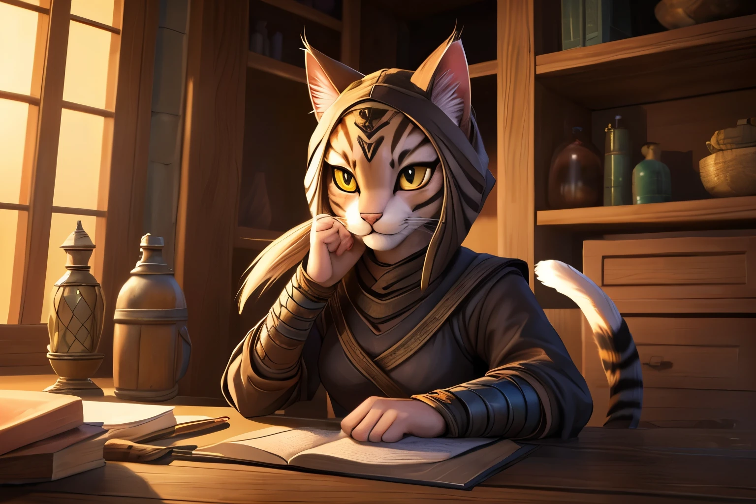 ((ultra quality)), ((tmasterpiece)), Girl-khajiit, Shinobi Girl, anthro cat, furry cat, ((there are only cat ears, no others)), ((there is a cat's short fluffy tail in its back)), ((Face Clean)), Beautiful cute face, beautiful female lips, charming beauty, ((stern expression)), looks at the camera with his eyes slightly closed, ((skin color black)), ((Skin color dark)), Body glare, ((detailed beautiful female eyes)), ((red-eyes)), beautiful female hands, ((perfect female figure)), ideal female body shapes, Beautiful waist, big thighs, ((Subtle and beautiful)), seductively worth it, epic stance ((closeup face)), ((Ninja clothing, sexy shinobi clothes, sexy cleavage), background: 19th century Japan, Traditional Japanese House, the night, ((Depth of field)), ((high quality clear image)), ((crisp details)), ((higly detailed)), Realistic, Professional Photo Session, ((Clear Focus)), ((cartoon)), the anime, NSFW
