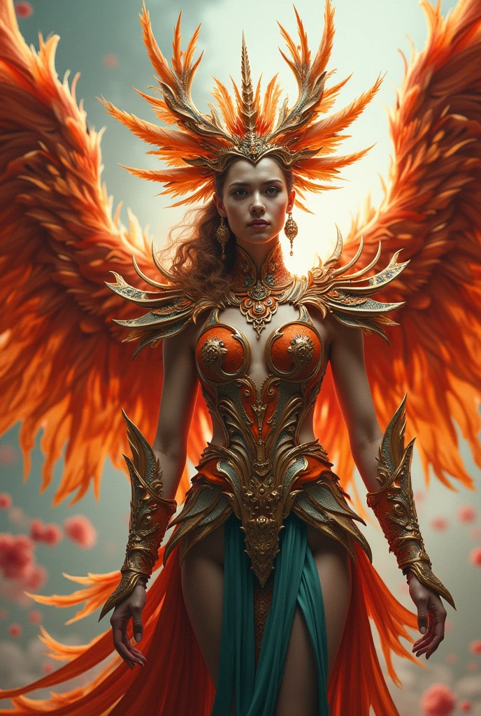 a muscular woman wearing a red Garuda armor with golden lines, in the background there is a giant Garuda spirit, three ia a thunder storm