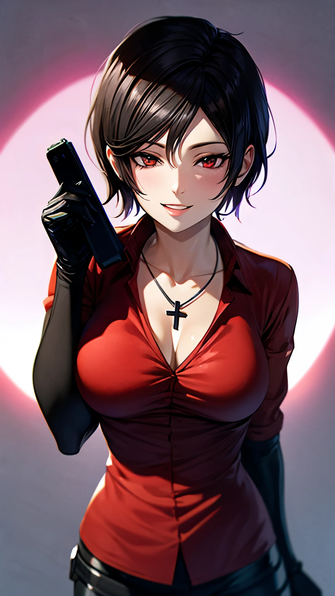 （ super quality, ultra high resolution with forest background,16k,super masterpiece,Ultra HD ,Detailed shading and background,）Resident evil 6,Photographing the upper body,Short, straight, black hair ,（A red shirt suit that has been unbuttoned, spread wide, and stood straight,Folded sleeves, black long gloves,Tight black pants, black long boots ,） cross necklace, provocative smile ,Thick lips,Neon city at night,