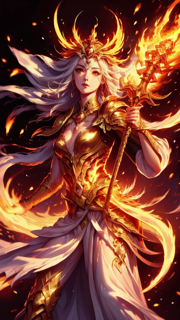 arafed image of a mature women with a halo and spear on his head, with fiery of flame, phoenix rising from the ashes, phoenix warrior, ''wallpaper of a phoenix empress, fiery bird goddess, artwork of a phoenix goddess, burning body, artgerm and atey ghailan, phoenix in fire, devianart and cgsociety