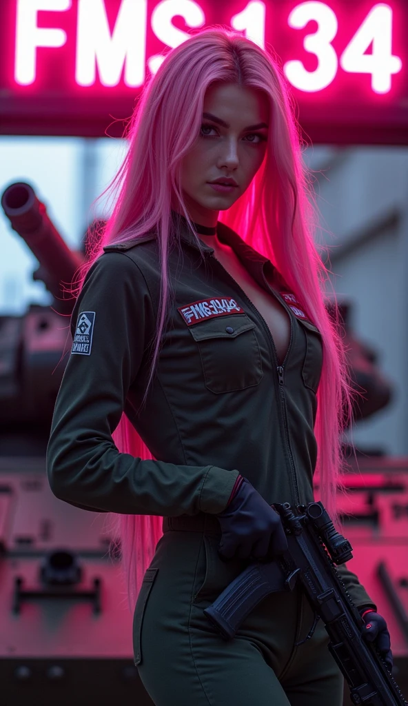 1 , long flowing pink hair, with an exuberant beauty, black eyes and thick lips, necklace with the name “THAY”. She is standing looking at a tank, the tank is large with track wheels and some pink details, and there is a light sign that says “FMS-134”