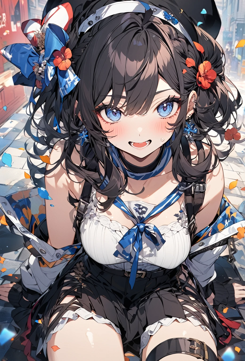 masterpiece, (bestquality), highlydetailed, ultra-detailed, (aqua eyes), (black hair), (blunt bangs), (breasts), (cheshire:1.5), (azur lane), (dress), (eyebrows visible through hair), (frilled ribbon), (frills), (hairband), (looking at viewer), (maid), (maid headdress), (multicolored hair), (open mouth), (ribbon), (solo), (streaked hair), (thighhighs), (white legwear), (white panties)