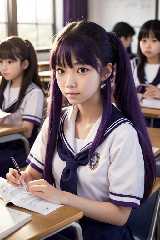 An eighteen-year-old young woman with long purple hair in a sailor suit sits in a classroom (school 1.5 in the background) (expression serious, cold 1.5) (best quality: 1.1) (masterpiece: 1.3) with an unparalleled masterpiece, surreal 8K, perfect artwork, super detail, best quality, masterpiece 4K wallpaper aesthetics, masterpiece, award-winning artwork, official art, cinematic lighting