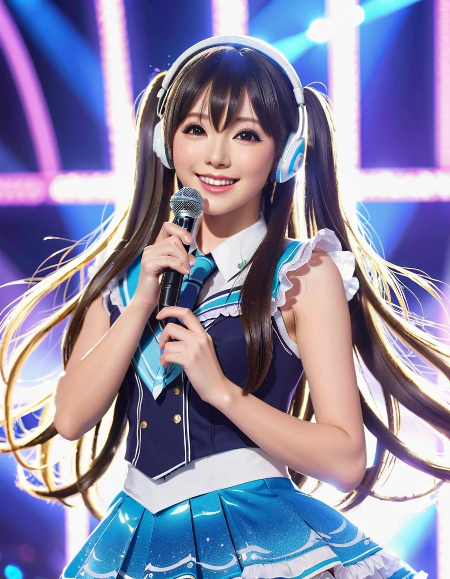 School idol, Photogenic, Highly detailed beautiful face, neat straight bangs arranged horizontally, long hair, lovely smile, wearing an idol costume, Singing. Headset Microphone, Stage background, spotlight, holographic School idol, hologram, highly detailed. (Top quality, high resolution, masterpiece)