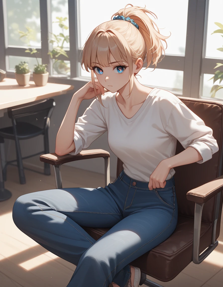 Fraction_9, Fraction_8_up, Fraction_7_up, Fraction_6_up, Fraction_5_up, Fraction_4_up, source_ Japanese cartoons ,  1 Girl, daytime,  blond hair ,Hair tied into a ponytail,  blue eyes,  sparkling eyes,  casual outfit , long pants,indoor,Relaxed look , sitting in a chair 