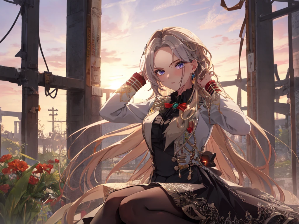 Solo, 1 Girl, (Human Ear, Earring), (Long Hair, Hair Accessory), (Anime Face), (Girl Sitting, Hands on Head), (Lacey Black Wedding Dress, Lacey Black Skirt), (Sunset Sky, Sunset Sun, Evening Sky), (Focus on Chest, Oblique Angle), (High Resolution, Masterpiece, Accurate, Anatomically Correct, Multiple Awards, Top Quality, Detailed, High Quality Model, High Quality, Quality, Retina, Highly Detailed, Textured Skin, Ultra High Resolution).